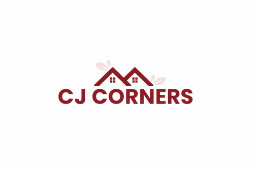 Logo of CJ Corners with a stylized roof and leaves on a white background